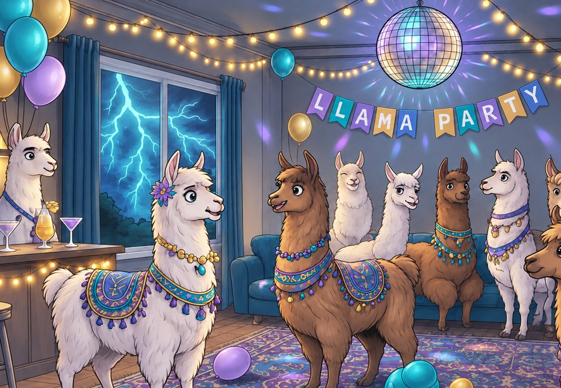 A llama party under string lights and a disco ball, everyone mingling, while lightning splits the sky outside the window.