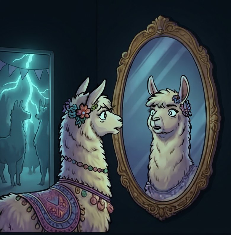 Illa at the hallway mirror, her reflection looking back, lightning through the doorway behind her.