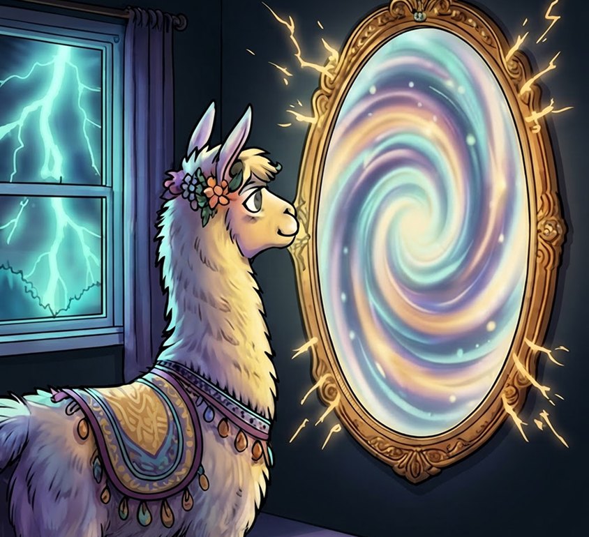 The mirror has become a swirl of light. Illa stands in front of it, lightning at the window.